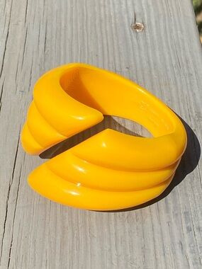 Vintage West Germany Jo Chunky Bright Yellow Lucite Bracelet Ribbed Wave Cuff
